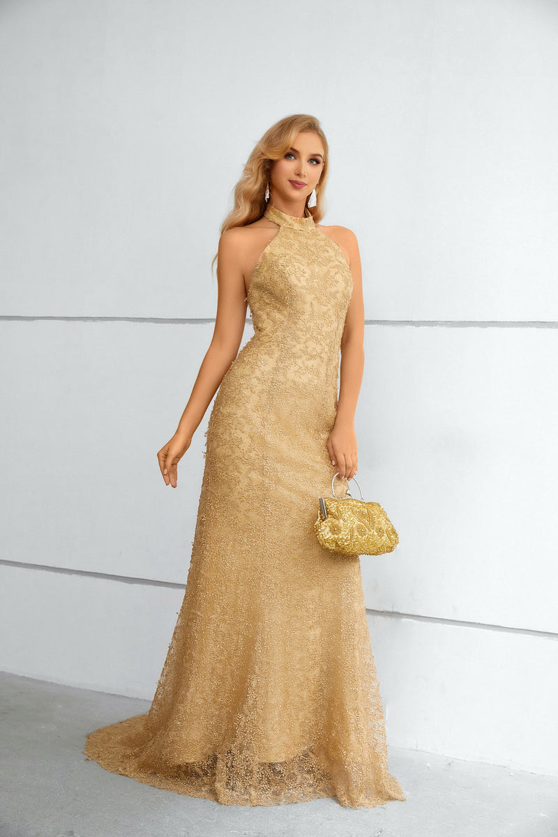 High Collar Mermaid Floor-length Sleeveless Backless Appliques Lace Modest Prom Dress-Ballbella