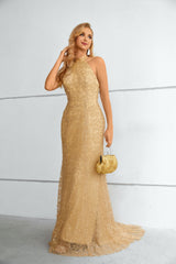 High Collar Mermaid Floor-length Sleeveless Backless Appliques Lace Modest Prom Dress-Ballbella