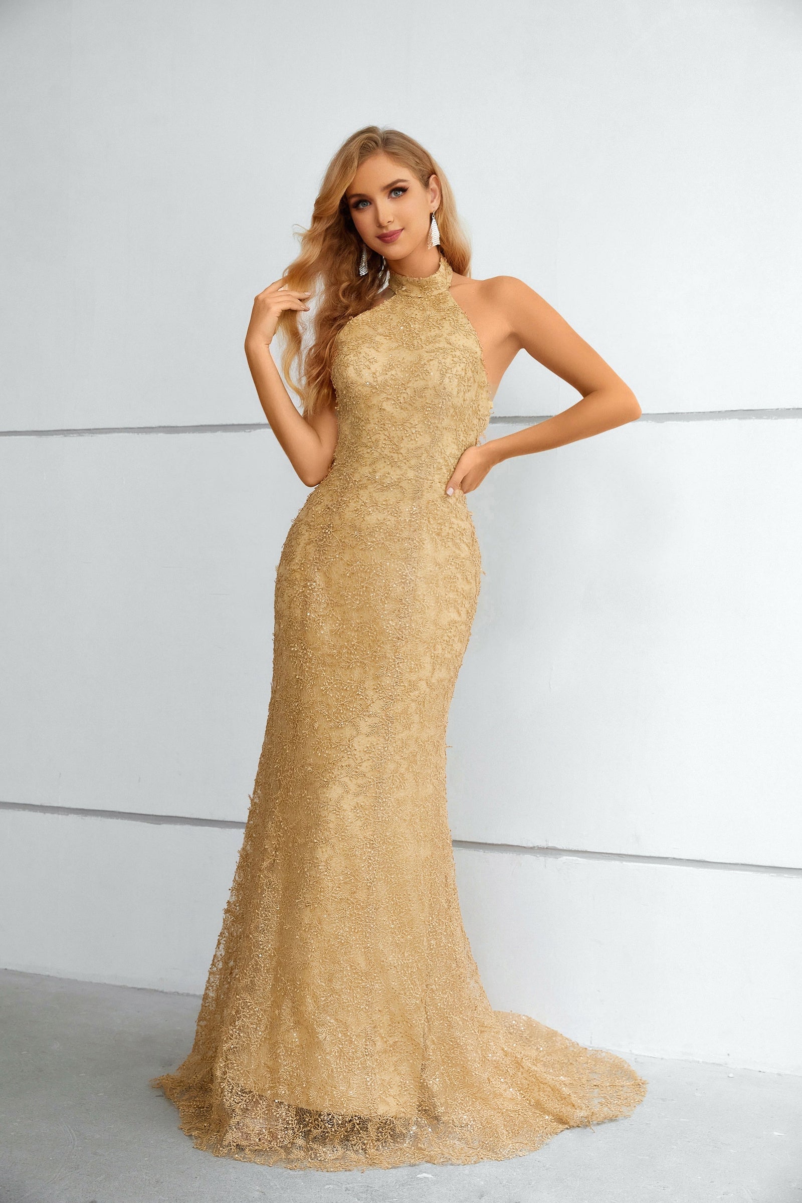 High Collar Mermaid Floor-Length Sleeveless Backless Appliques Lace Modest Prom Dress