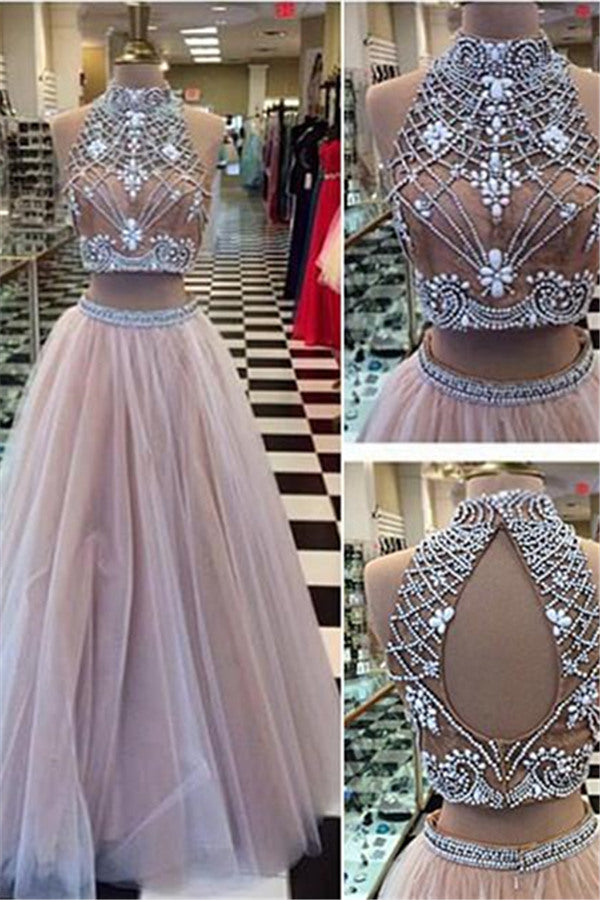 High Collar Two Piece Tulle Evening Dress with Beading A-Line Halter Long Prom Party Gowns-Ballbella