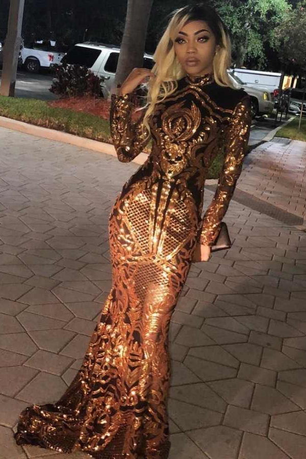 High Neck Golden Appliques Mermaid Long Sleevess Prom Dresses High Neck Golden Appliques Mermaid Long Sleevess Prom Dresses