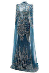 High neck Ink Blue Long sleeves Beaded Mermaid Evening Dresses-Ballbella
