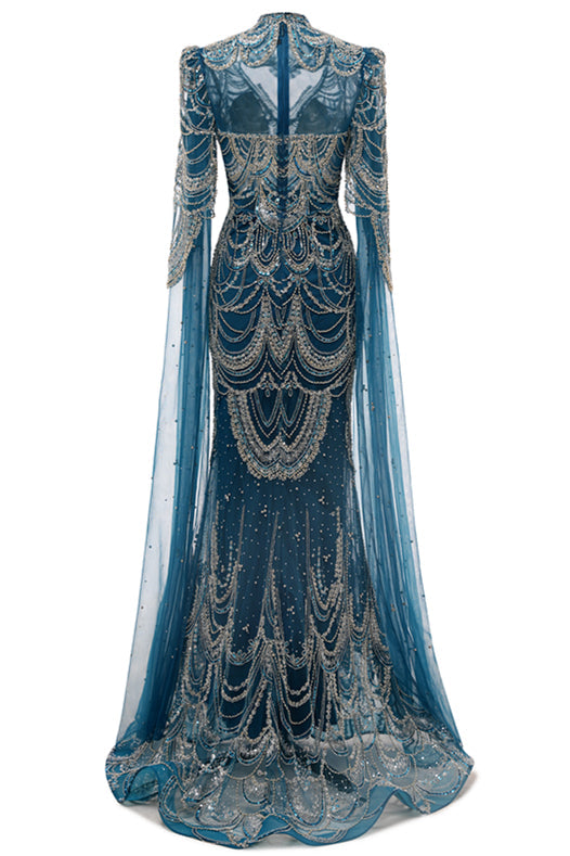 High neck Ink Blue Long sleeves Beaded Mermaid Evening Dresses-Ballbella