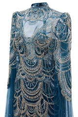 High neck Ink Blue Long sleeves Beaded Mermaid Evening Dresses-Ballbella