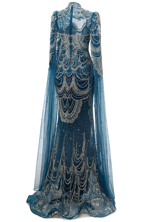 High neck Ink Blue Long sleeves Beaded Mermaid Evening Dresses-Ballbella
