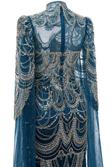 High neck Ink Blue Long sleeves Beaded Mermaid Evening Dresses-Ballbella