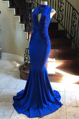 Looking for Prom Dresses, Evening Dresses, Real Model Series in Satin,  style,  and Gorgeous Lace work? Ballbella has all covered on this elegant High Neck Keyhole Appliques Sleeveless Mermaid Evening Dresses.