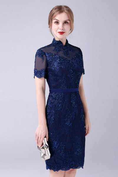 High-neck Lace Knee-length Short sleeves paillette Mermaid mother's dress High-neck Lace Knee-length Short sleeves paillette Mermaid mother's dress