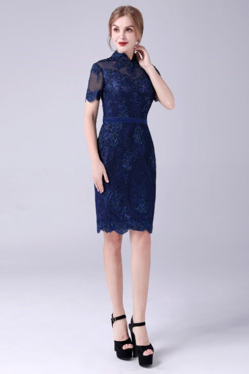 High-neck Lace Knee-length Short sleeves paillette Mermaid mother's dress High-neck Lace Knee-length Short sleeves paillette Mermaid mother's dress