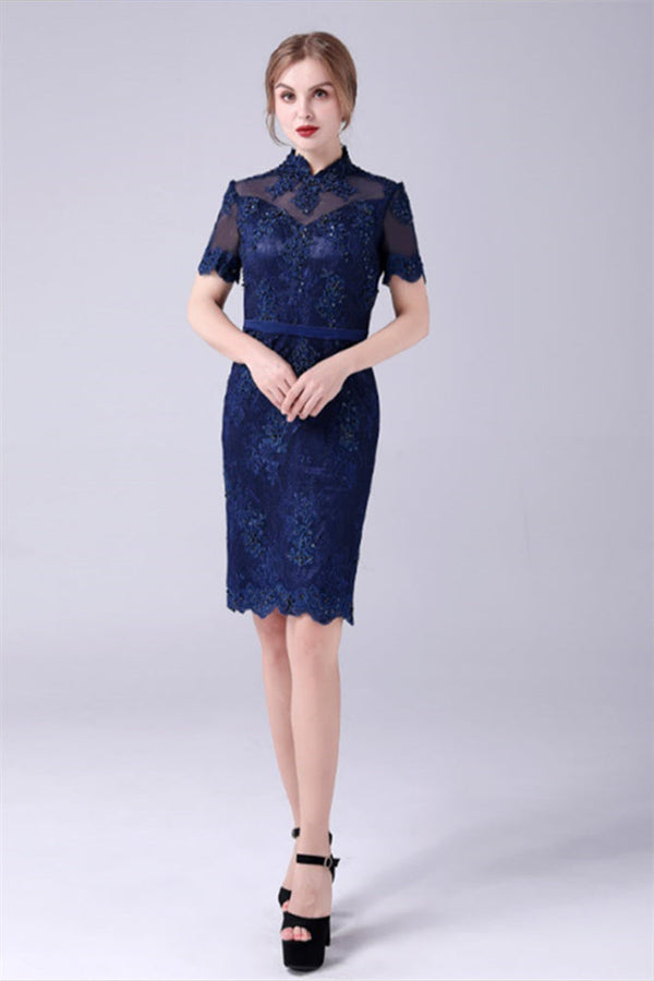 High-neck Lace Knee-length Short sleeves paillette Mermaid mother's dress High-neck Lace Knee-length Short sleeves paillette Mermaid mother's dress
