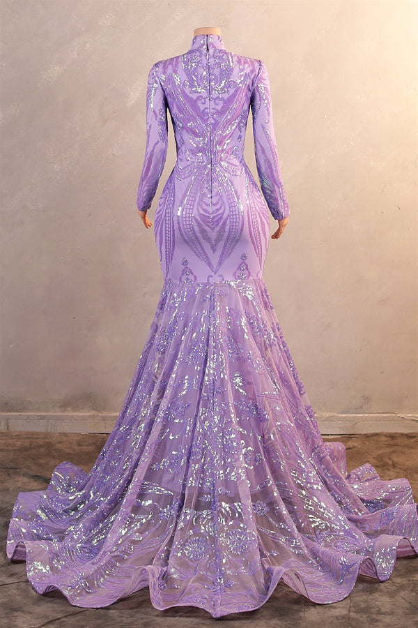 High Neck Long Sleeve Sweep Train Zipper Mermaid Evening Dress-Ballbella