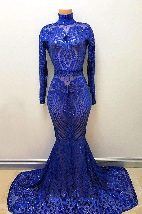 Looking for Prom Dresses, Evening Dresses, Real Model Series in Stretch Satin,  Mermaid style,  and Gorgeous work? Ballbella has all covered on this elegant High Neck Long Sleevess Crystal Beading Appliques Mermaid Evening Gowns.