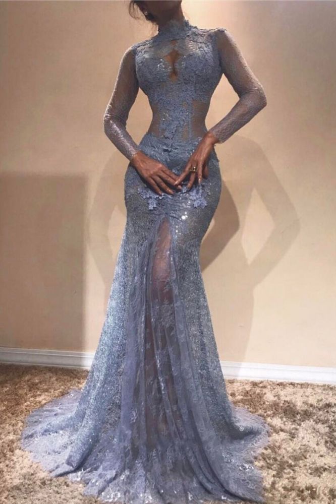 High Neck Long Sleevess Lace Appliques Mermaid Prom Dresses-Ballbella