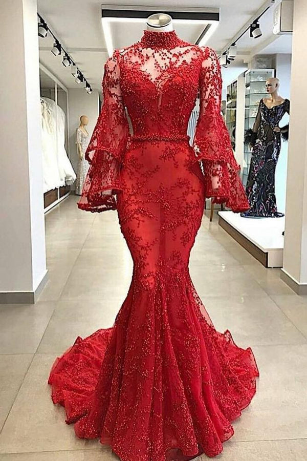 High Neck Long Sleevess Mermaid Beading Applique Chapel Train Prom Party Gowns-Ballbella