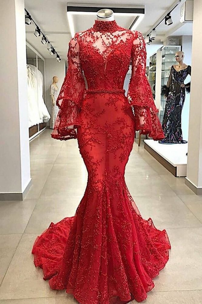 High Neck Long Sleevess Mermaid Beading Applique Chapel Train Prom Party Gowns-Ballbella