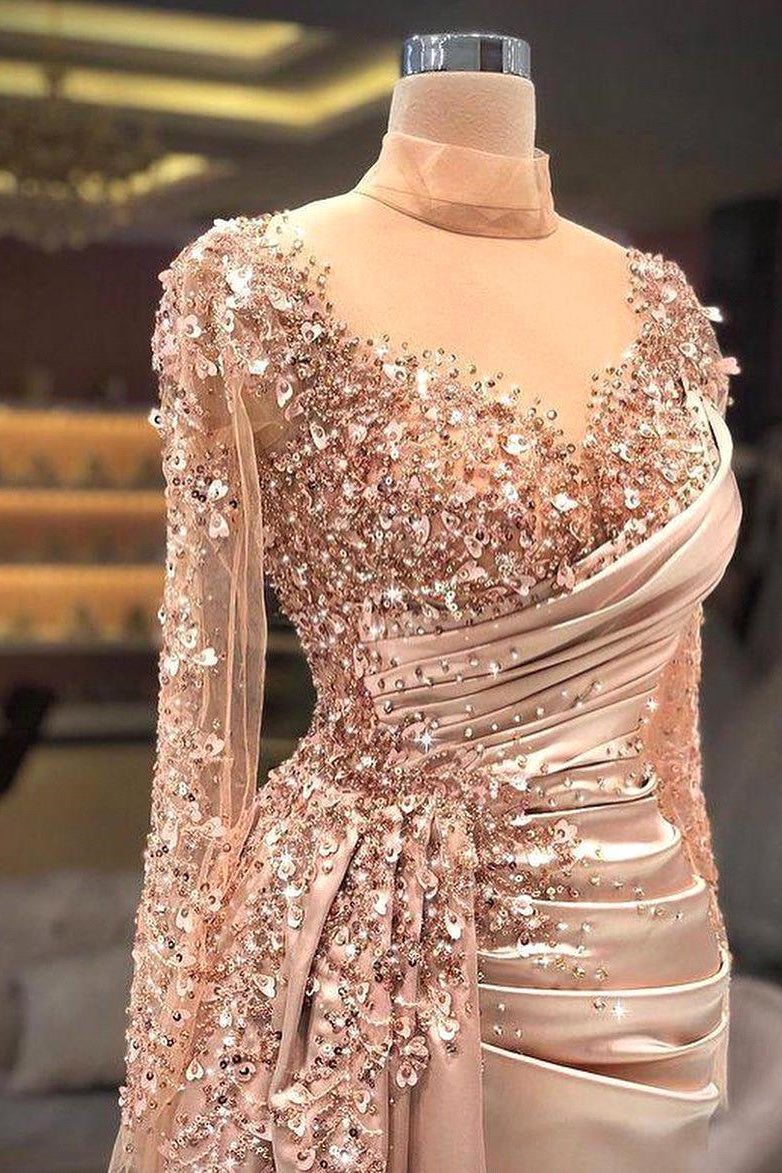 High Neck Mermaid Long Sleeves Lace Sequined Floor-length Long Sleeve With Side Train Prom Dress-Ballbella