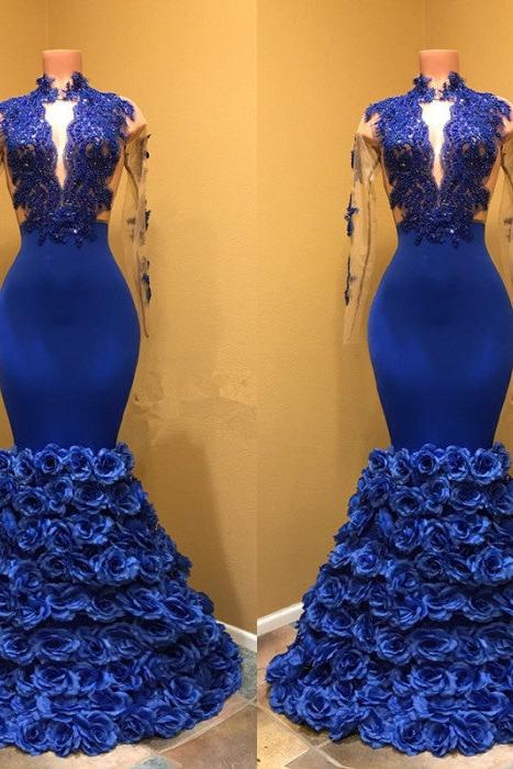 High Neck Mermaid Prom Dress, Flowers Prom Party Gowns-Ballbella
