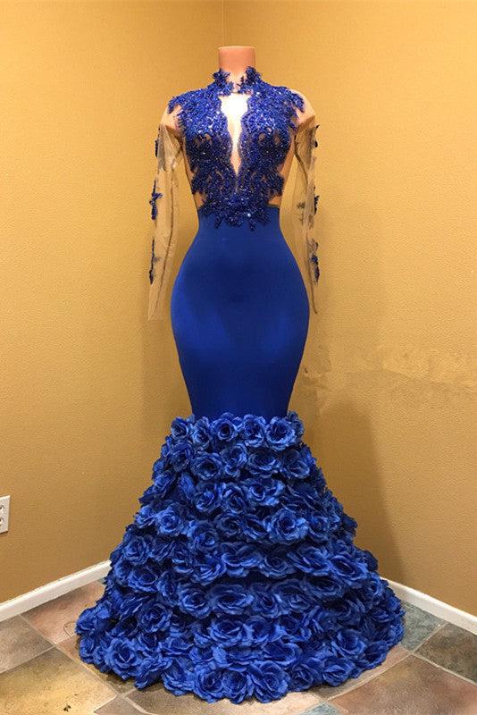 High Neck Mermaid Prom Dress, Flowers Prom Party Gowns-Ballbella