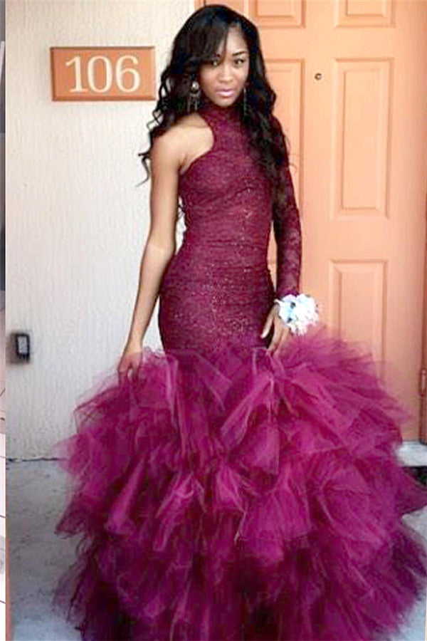 Ballbella offers High-Neck One-Sleeve Sheath Lace Puffy Tulle Specail Latest Prom Party Gowns at a cheap price from Tulle to Column Floor-length hem. Gorgeous yet affordable Prom Dresses.