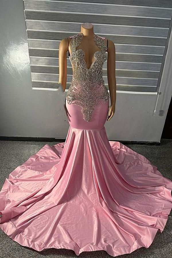 High neck Unique SIlver Beaded Pink Mermaid PRom Dresses-Ballbella