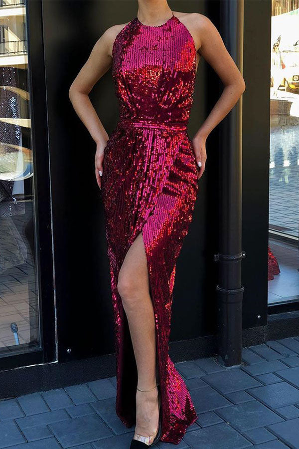 Ballbella offers High round neck Charming Sequined High Slit Burgundy Prom Party Gowns at a cheap price from Sequined to Column Floor-length hem. Gorgeous yet affordable  Prom Dresses.