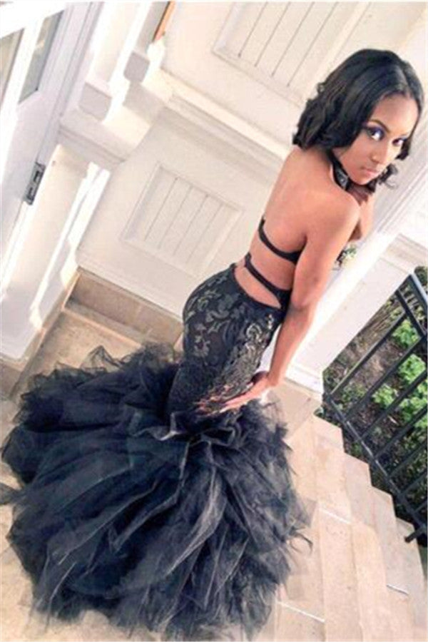 Ballbella offers Hot Black Trumpet Lace Tulle Backless Ruffles Prom Party Gowns at a cheap price from Tulle to Mermaid Floor-length hem.. Gorgeous yet affordable Sleeveless evening dresses online.
