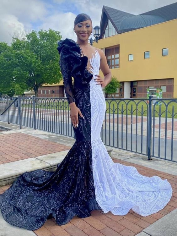 open lace back dress Hot Half Black Half White One Shoulder Long Sleeves Mermaid Prom Dresses open lace back dress Hot Half Black Half White One Shoulder Long Sleeves Mermaid Prom Dresses