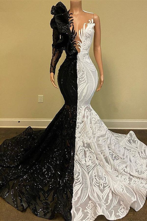 Hot Half Black Half White One shoulder Long Sleeves Mermaid Prom Dresses-Ballbella
