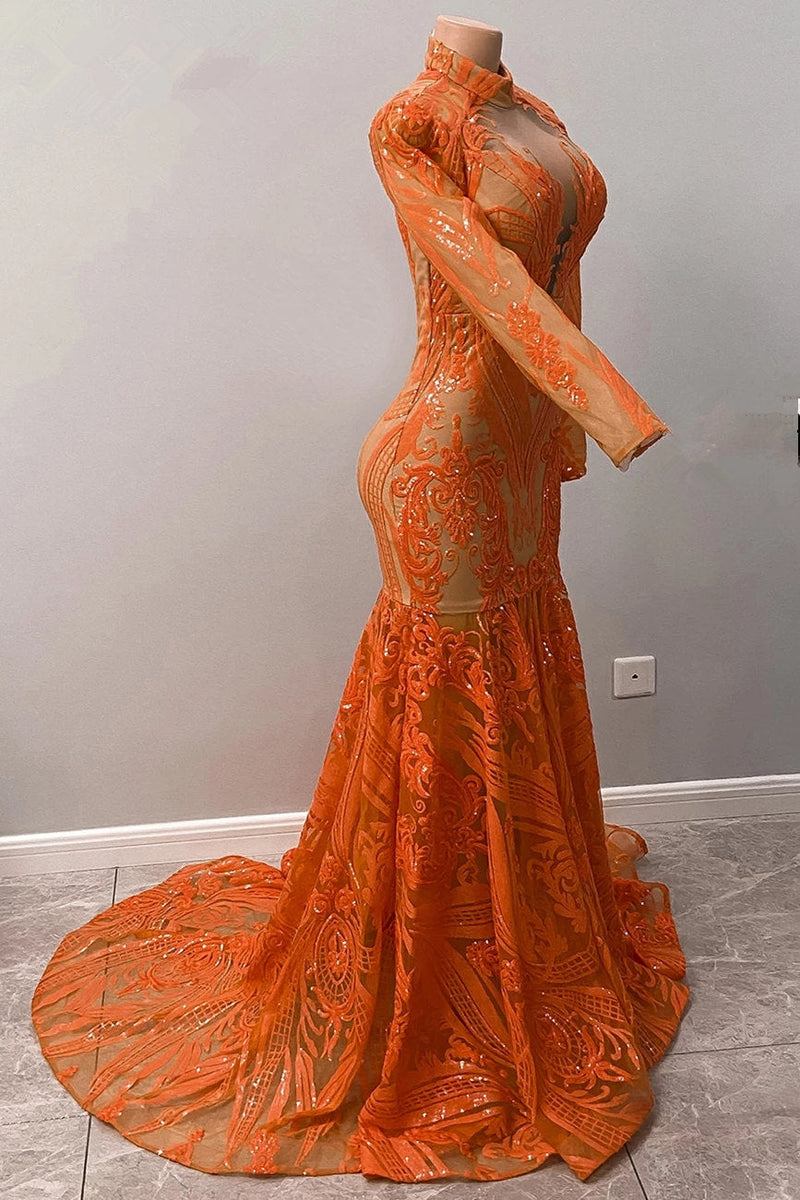 long sleeve orange homecoming dress Flowing Square Neck Long Sleeves Sequins Homecoming Dresses mollyevers.com