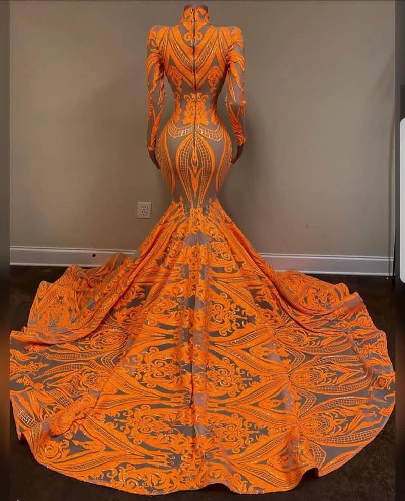 Hot Orange High neck Long Sleeves Mermaid Sequin Prom Dresses-Ballbella