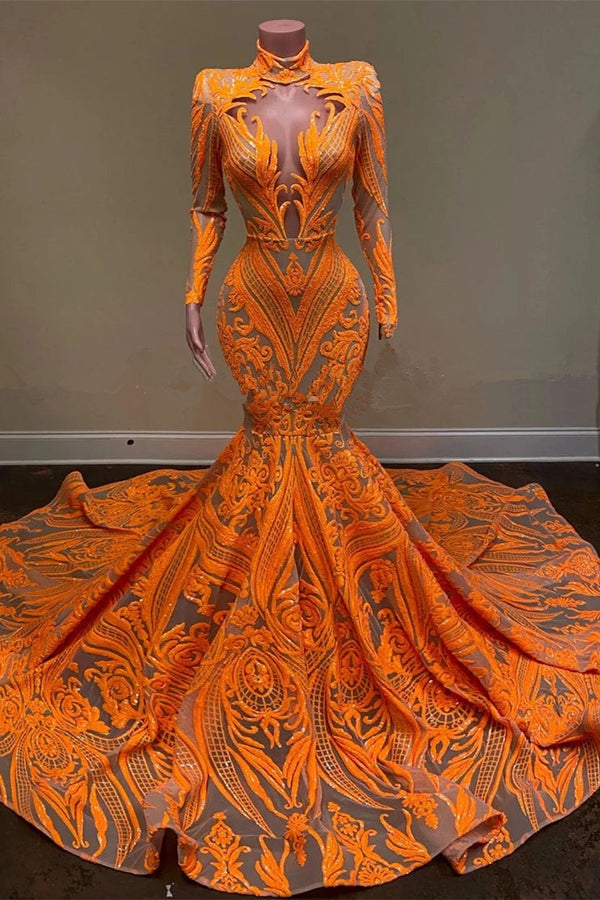 Hot Orange High neck Long Sleeves Mermaid Sequin Prom Dresses-Ballbella