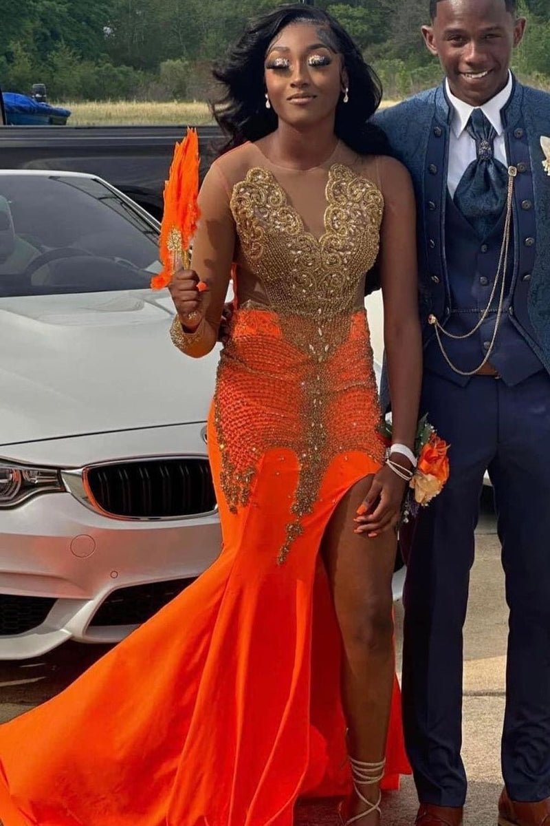 Hot Orange Mermaid High Split Prom Dresses with Gold Beads Hot Orange Mermaid High Split Prom Dresses with Gold Beads
