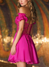 Hot Pink Sweetheart Short Sleeves Homecoming Dresses With Appliques Lace-Ballbella