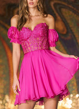 Hot Pink Sweetheart Short Sleeves Homecoming Dresses With Appliques Lace-Ballbella