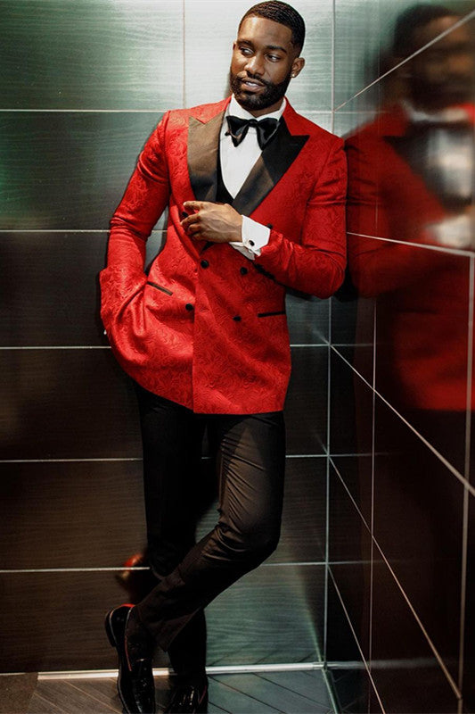 Hot Red Jacquard Double Breasted Fashion Wedding Men Suits-Ballbella