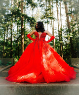 Hot Red Sweetheart Tulle Appliques V-neck Puffy Ball Prom Dress-Ballbella