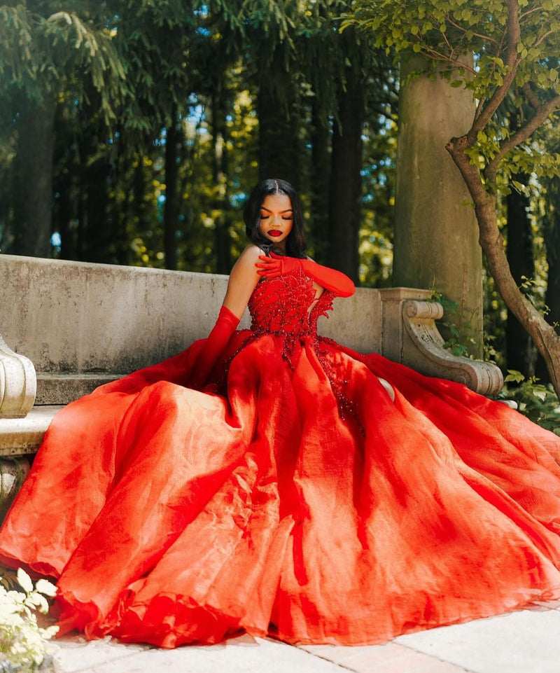 Hot Red Sweetheart Tulle Appliques V-neck Puffy Ball Prom Dress-Ballbella