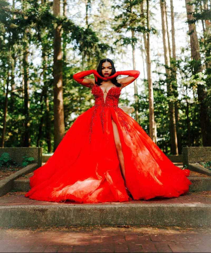red poofy prom dress Red Prom Dress 2024 Off Shoulder Tiered Tulle with Slit 14 / Custom Color
