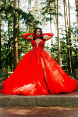 Hot Red Sweetheart Tulle Appliques V-neck Puffy Ball Prom Dress-Ballbella