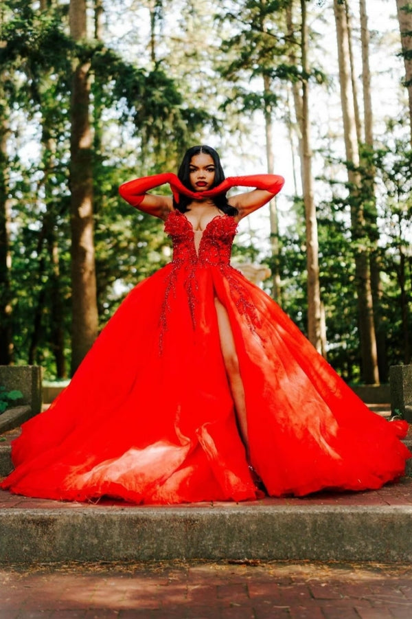 Hot Red Sweetheart Tulle Appliques V-neck Puffy Ball Prom Dress-Ballbella