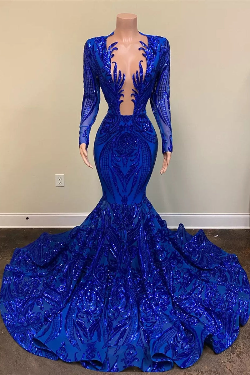 Hot Sparkle Royal Blue Sequin Long Sleeves Mermaid Prom Dresses Hot Sparkle Royal Blue Sequin Long Sleeves Mermaid Prom Dresses