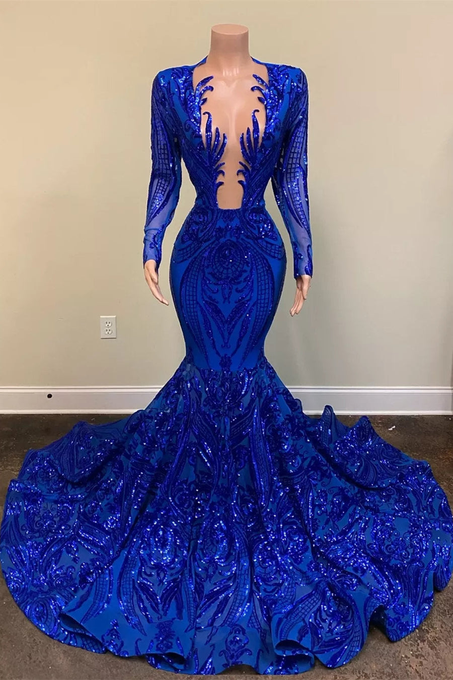 Hot Sparkle Royal Blue Sequin Long Sleeves Mermaid Prom Dresses Hot Sparkle Royal Blue Sequin Long Sleeves Mermaid Prom Dresses