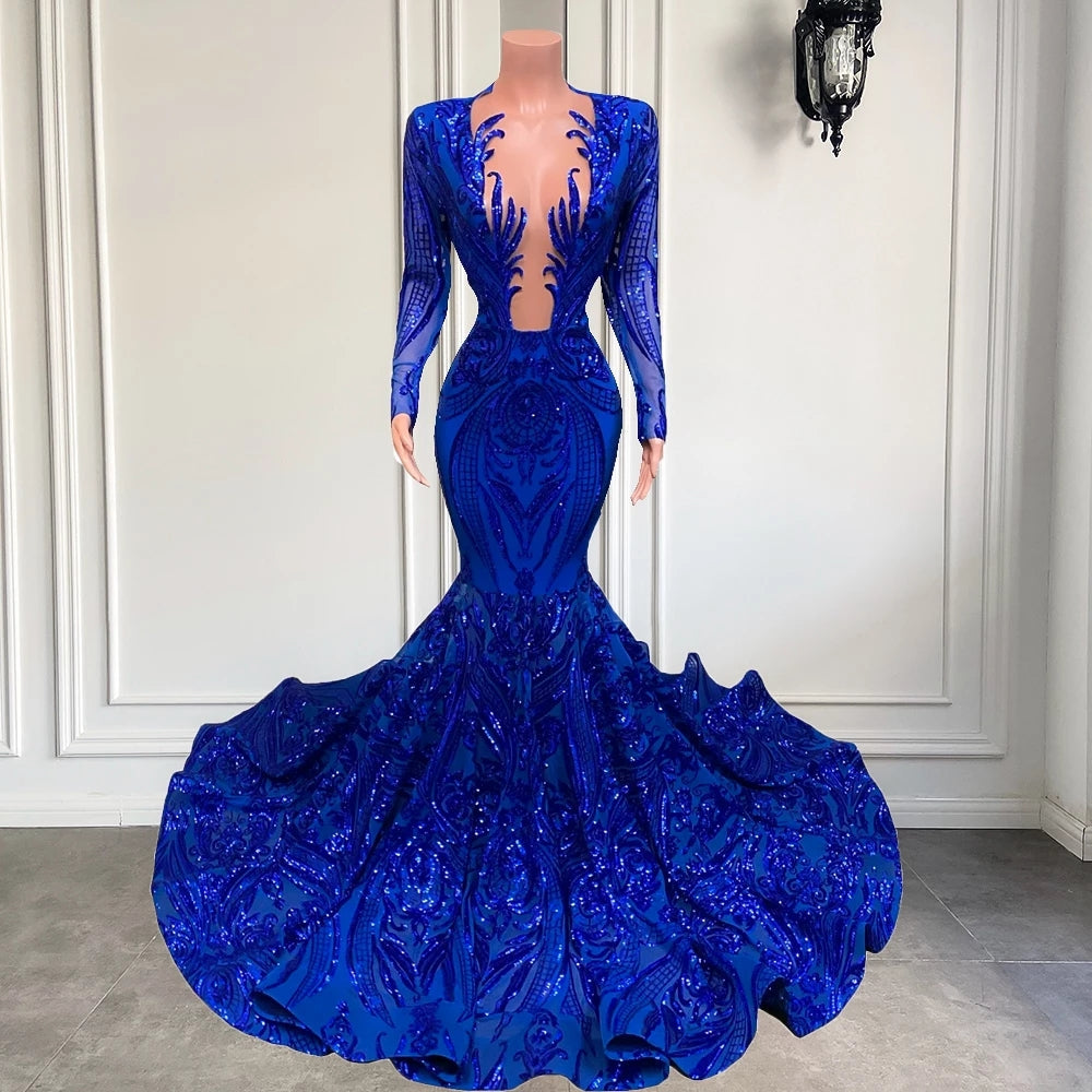 Hot Sparkle Royal Blue Sequin Long sleeves Mermaid Prom Dresses – Ballbella