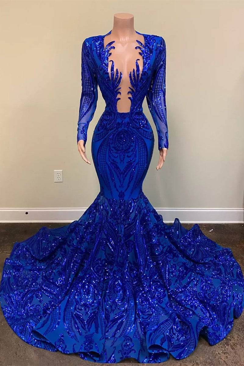Hot Sparkle Royal Blue Sequin Long sleeves Mermaid Prom Dresses-Ballbella