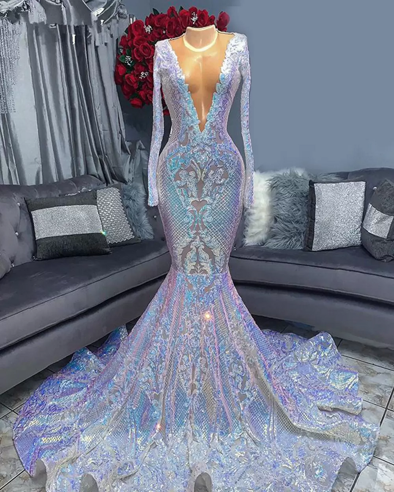 Hot Sparkle Sequin V Neck Long Sleeves Mermaid Prom Dresses Hot Sparkle Sequin V Neck Long Sleeves Mermaid Prom Dresses