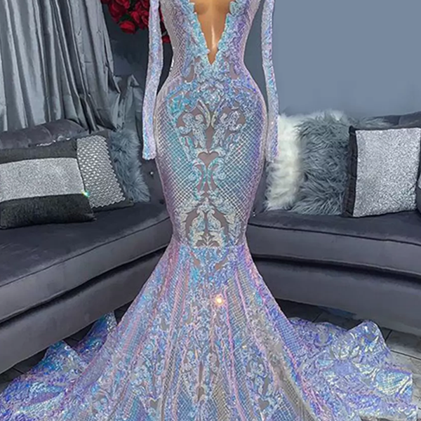 Hot Sparkle Sequin V Neck Long Sleeves Mermaid Prom Dresses