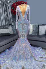Hot Sparkle Sequin V neck Long sleeves Mermaid Prom Dresses-Ballbella