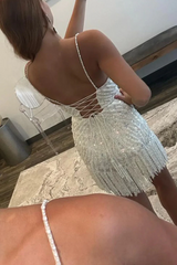 Hot V-neck White Tassels Short Straps Homecoming Dresses-Ballbella