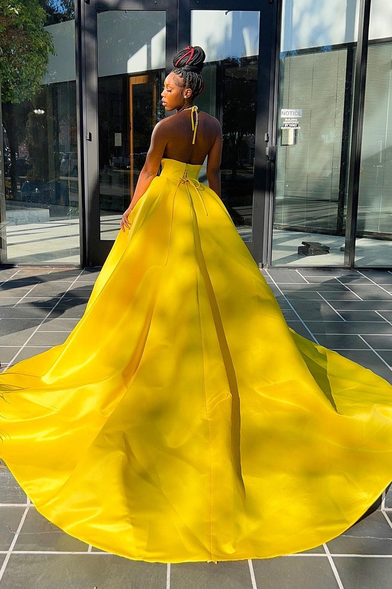 Hot Yellow Halter Open Back Beads Side Slit Ball Gown Prom Dress-Ballbella