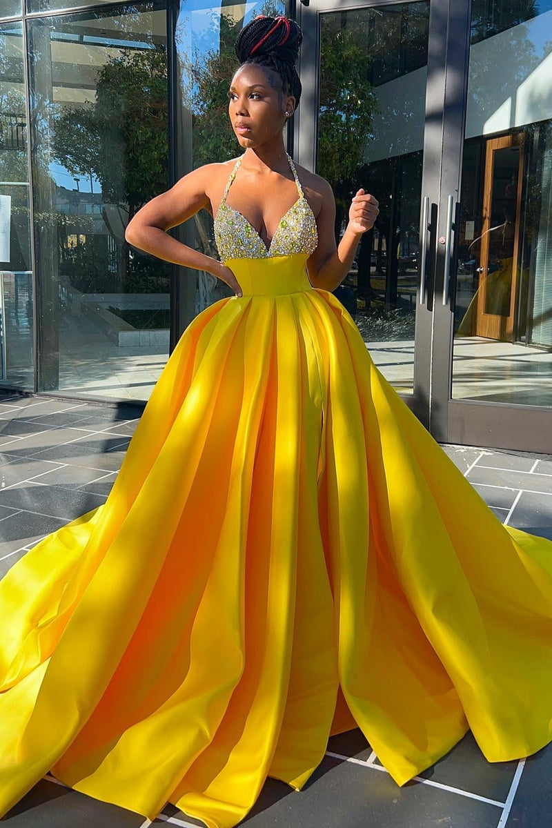 Hot Yellow Halter Open Back Beads Side Slit Ball Gown Prom Dress-Ballbella